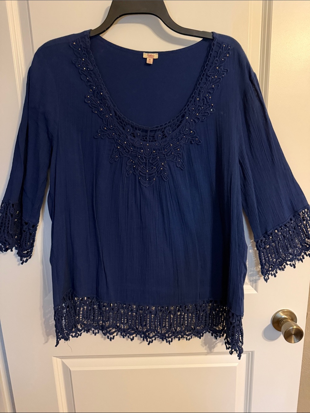 Reba Navy Crochet-Trim Scoop Neck Blouse